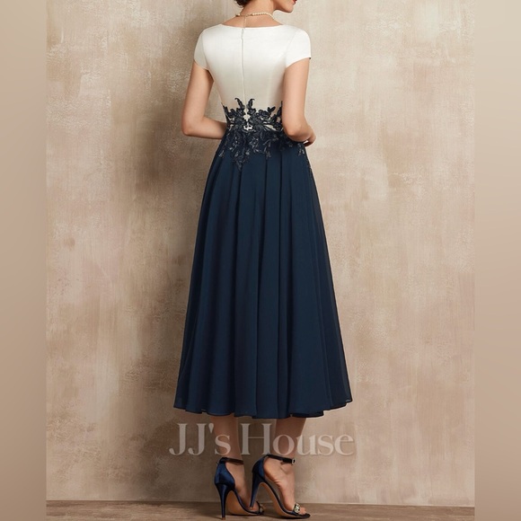 JJ’s House A-Line V-Neck Tea Length Satin Chiffon Mother Of The Bride Dress - Picture 3 of 9